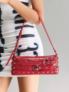 Viva Strut Ladies Bag, Hot Girl, Sweet Cool Girl, Y2Y, Punk, Rivet Decoration, Gas Eye Decoration, Red, Shoulder Square Bag, Zipper Opening And Closing, Suitable For Daily Commuting, Shopping, Travel - Red - View 2