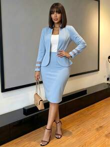 SHEIN Lady 女士简约商务长袖上衣和半裙套装，秋冬女装，适合办公室穿着，也可作为半裙套装穿着。女士两件套褶边外套和半裙套装，浅蓝色半裙套装，适合工作场合穿着，也适合节日穿着。优雅的女士套装，乡村音乐会服装，乡村风格，适合女性穿着。乡村风格服装，适合女性穿着。适合女性办公室穿着，适合商务女性穿着。 - 藍色 - 查看 7