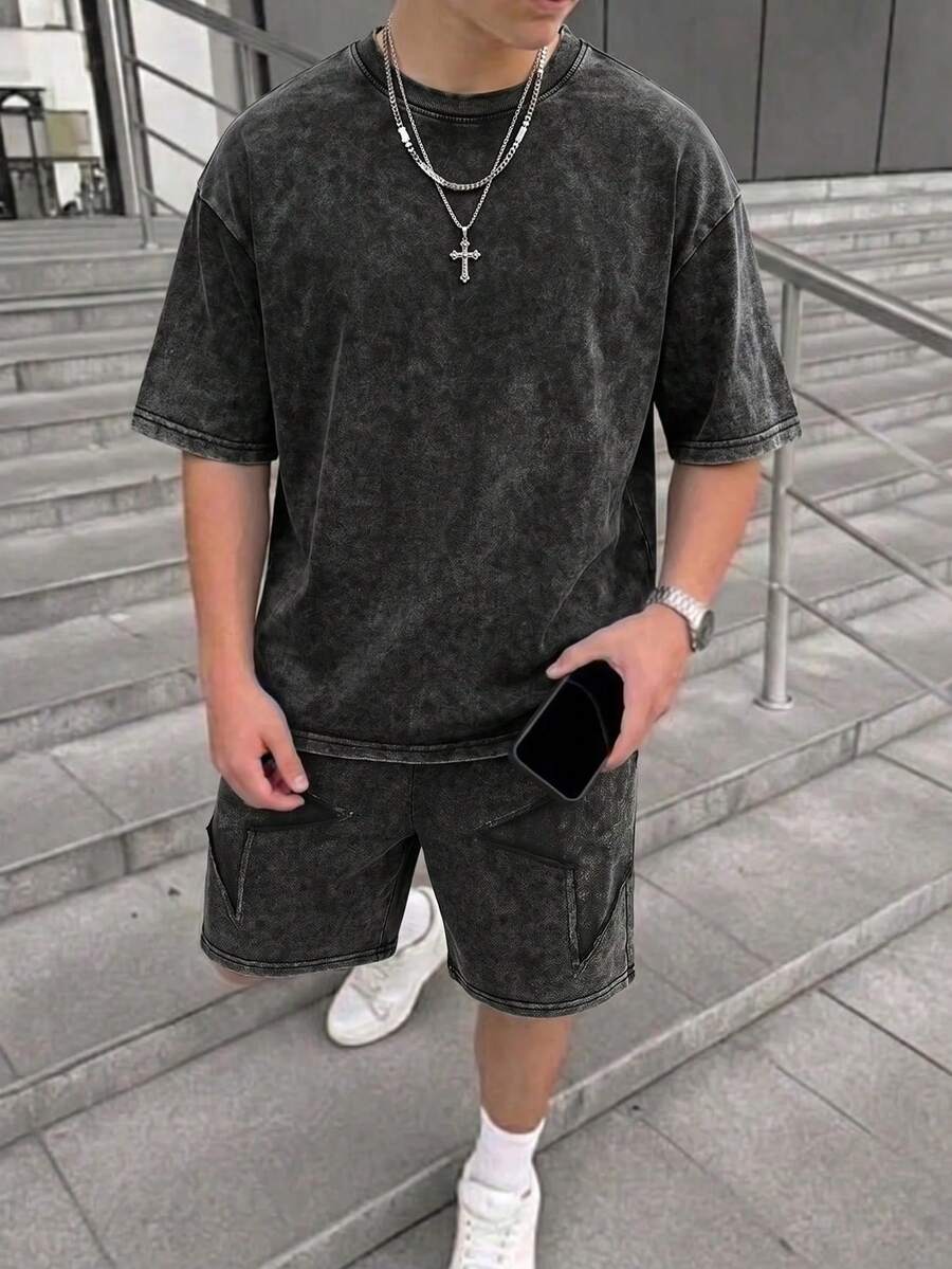 Mirajuku 2件套青少年男童夏季新款休闲街头服饰套装,美式印花短袖T恤,宽松版型,轻便透气,适合日常穿着和运动,嘻哈时尚,儿童夏季必备单品 - 黑色 - 查看 1