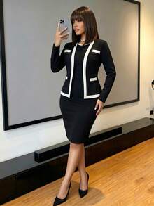 SHEIN Lady 女式撞色长袖上衣和连衣裙两件套 - 黑與白 - 查看 1