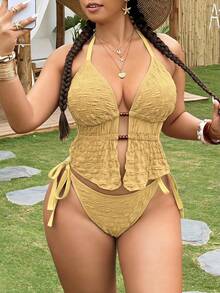Swim Vcay Plus Size Women 2pcs Textured Fabric Halter Neck Front Tie Triangle Bikini Set Vacation Tank Style Swimsuit Beach Yellow Summer Sexy - Yellow - View 2