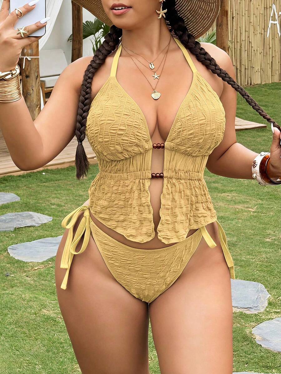 Swim Vcay Plus Size Women 2pcs Textured Fabric Halter Neck Front Tie Triangle Bikini Set Vacation Tank Style Swimsuit Beach Yellow Summer Sexy