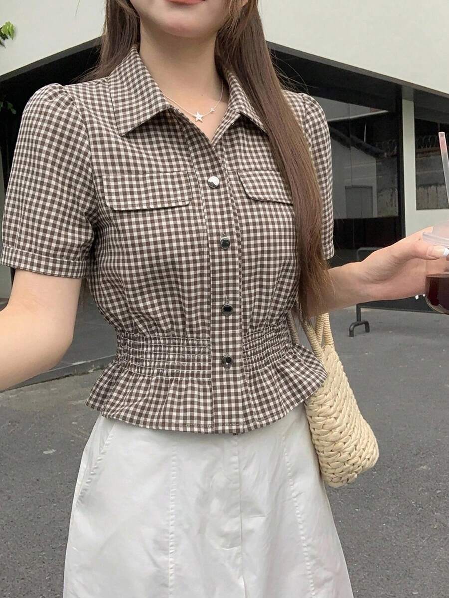 DAZY 女款韓式修身優雅夏季牛仔上衣 - 卡其色 - 查看 1