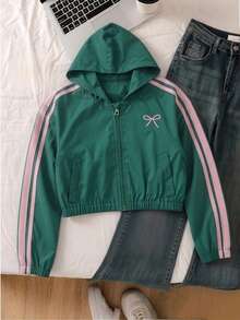 SHEIN Chaqueta con capucha a rayas y bloques de color para niña preadolescente, vuelta al colegio - Verde - Ver 5