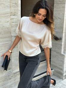 Firerie Blusa elegante de verano para mujer con unicolor y patchwork de encaje - Champán - Ver 6