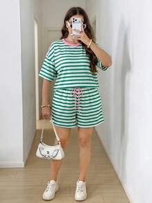 SHEIN LUNE Plus Size Women's Round Neck White Colorblock Top And Shorts Casual Traditional Daily 2-Piece Set Beach Vacation Airport Summer Striped - Multicolor - View 6