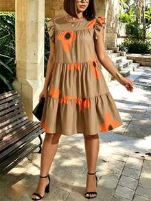 SHEIN LUNE CURVE Plus Size Vintage Boho Burnt Orange Bud Dress, Contrast Color Ruffle Hem Spaghetti Strap Dress, Elegant Slimming Vacation Summer Vacation Carribean - Khaki - View 4