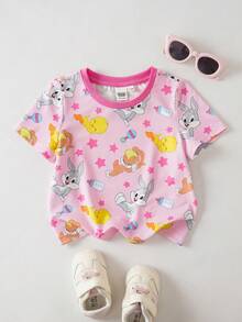 LOONEY TUNES X SHEIN 女嬰圓領卡通印花休閒百搭日常短袖上衣 - 粉色 - 查看 1