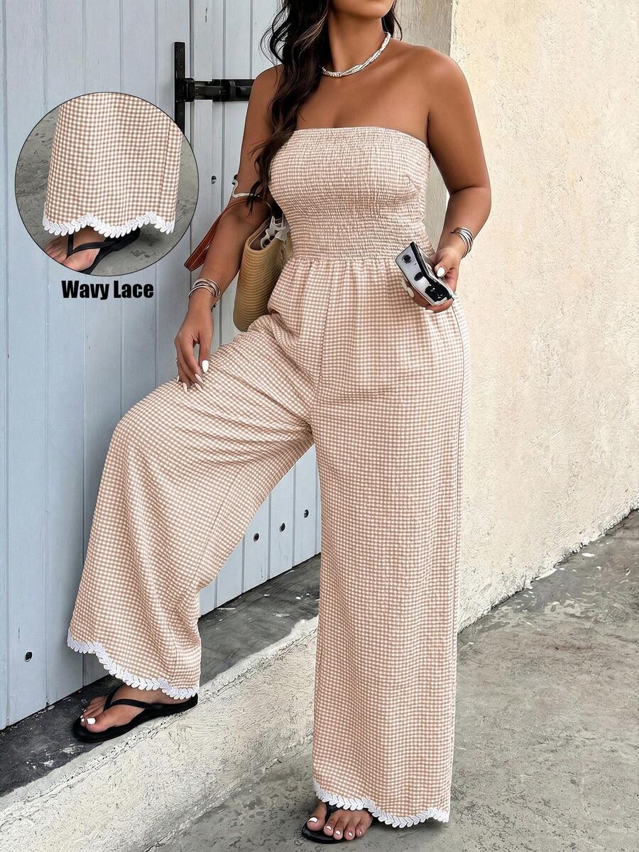 Weeklong Women's Plus Size Spring/Summer Vacation Casual Western Strapless Elastic Loose Straight Hem Wavy Contrast Color Lace Trim Jumpsuit Formal White - Khaki - View 1