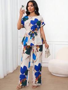 SHEIN Lady 女款葉脈印花腰部打結上衣與長褲休閒日常兩件套 - 藍色 - 查看 7