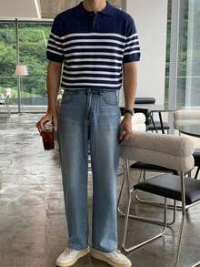 DAZY Men's Summer Half-Button Striped Color-Block Short Sleeve Knit Top - Multicolor - View 3