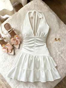 Franclia Women's Solid Color Tie-Up Short Dress Wedding Party Night Out White Summer Elegant Sexy - Beige - View 2