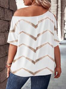 EMERY ROSE Camiseta de talla grande de corte holgado con hombro asimétrico, base blanca y estampado de ondas doradas, estilo casual básico de moda - Multicolor - Ver 2