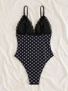 Bonvoyette Spring/Summer Brown Polka Dot Random Print Deep V Spaghetti Strap Beaded Trim Ruffle Mesh Edge Casual Cute Beach Bikini One-Piece Swimsuit For Women - Multicolor - View 2