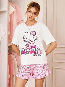 HELLO KITTY AND FRIENDS | SHEIN Women's Cartoon Print Short Sleeve Top And Shorts Pajama Set - Baby Pink - View 5