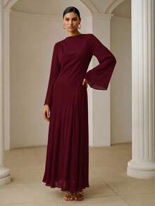 ZEYLAH Asymmetrical Fitted Long Dress With Large Sleeves, Spring - Burgundy - View 6