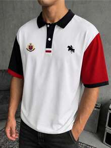 NEOREFINED 男士經典配色領短袖 Polo 衫，徽章印花休閒短袖上衣，都市休閒百搭風格 - 彩色 - 查看 2