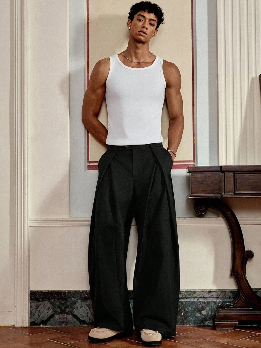 SWAVVY Men's Woven Fashionable Casual Loose Solid Color Pants, Fall - Black - View 1