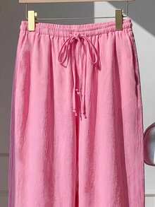 Comfortcana Women's Casual Solid Color Beaded Bow Decor Pants, Pink - Pink - View 4