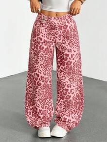 SHEIN Tall Women's Outdoor Y2k Streetwear Street Fashion Versatile Pink Leopard Print Multi-Pocket Denim Wide Leg Pants Night Out Summer - Pink - View 3