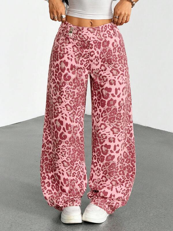 SHEIN Tall Women's Outdoor Street Fashion Versatile Light Pink Leopard Print Multi-Pocket Denim Wide Leg Pants