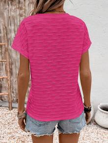 EMERY ROSE Camiseta de manga corta de unicolor con cuello en V, casual y versátil para uso diario para mujer - Rosa Fucsia - Ver 2