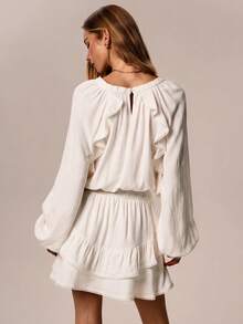 Willow Rêve Women's White Ruffle Puff Sleeve Mini Dress, Boho Cottagecore Style, Romantic Vacation Brunch Autumn - White - View 3