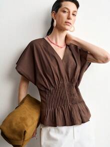 Aalyst Women's Summer Casual Dark Brown Textured Cotton V-Neck Batwing Sleeve Top Back Zipper Waist-Cinching Detail Blouse Teachers' Day Office Everyday - Coffee Brown - View 7