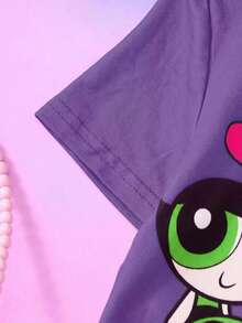 THE POWERPUFF GIRLS X SHEIN Baby Girl Cute Sweet Cartoon Print T-Shirt And Shorts 2-Piece Set Suitable For Spring And Summer - Purple - View 3