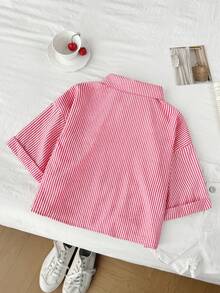 Elamini 女款蝴蝶結刺繡藍色條紋落肩短袖短版上衣 - 彩色 - 查看 2
