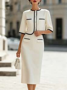 SHEIN Women's Elegant French 2 Pieces Set, Round Neck Cardigan Top Skirt Outfit, Bell Sleeve Tie Waist Jacket Mid-Length White And Black Skirt Set - Apricot - View 5