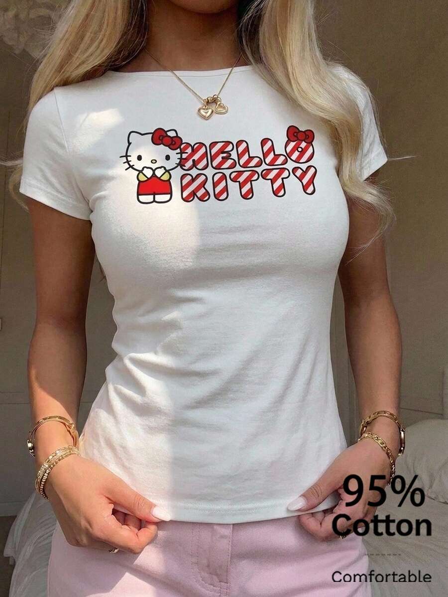 CovetEZ HELLO KITTY AND FRIENDS | SHEIN 女款休閒修身短袖T恤，95%棉，女款夏季服飾 - 彩色 - 查看 1
