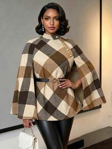 SHEIN Lady 秋冬秋季上班族办公室优雅女士休闲外出聚会婚礼拼色编织立领斗篷袖金色纽扣新款女装外套秋季女大衣 - 卡其色 - 查看 3