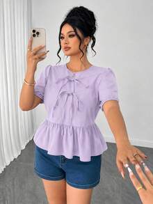 Elenzga Plus Size Women's Summer Solid Color Round Neck Puff Short Sleeve, Front Bow Tie, Short Ruffle Hem Blouse - Purple - View 7