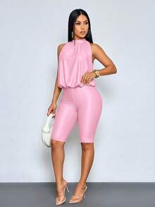SOLERSUN Women's Halter-Neck Top And Fitted Knee-Length Shorts Set-Spring/Summer Old Money Aesthetic - Pink - View 6