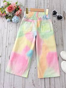 SHEIN Elladie kids 少女休閒波希米亞風度假平腰平口袋寬腿牛仔褲，日常穿搭 OOTD - 粉色 - 查看 3
