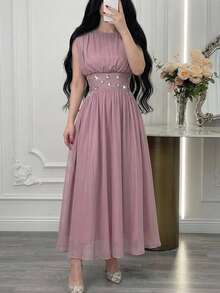 Feyla New Waist-Cinched Pleated Exquisite High-End Rhinestone Decorated Romantic Glamorous Banquet Formal Light Evening Dress Elegant Dusty Pink Summer - Dusty Pink - View 4