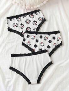 HELLO KITTY AND FRIENDS | SHEIN 女款字母卡通印花對比蕾絲內褲 - 黑與白 - 查看 2