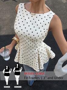 SHEIN PETITE CURVE 大码优雅波点印花无袖收腰衬衫，夏季 - 杏色 - 查看 10