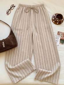 SHEIN EZwear 女款休閒腰綁帶條紋直筒長褲，休閒、夏季、度假穿搭、街頭風、海灘、街頭風格，適合日常通勤、約會、派對、秋冬/夏季、聖誕節、新年、感恩節、派對、婚禮、海灘、畢業典禮，優雅、休閒 - 彩色 - 查看 7