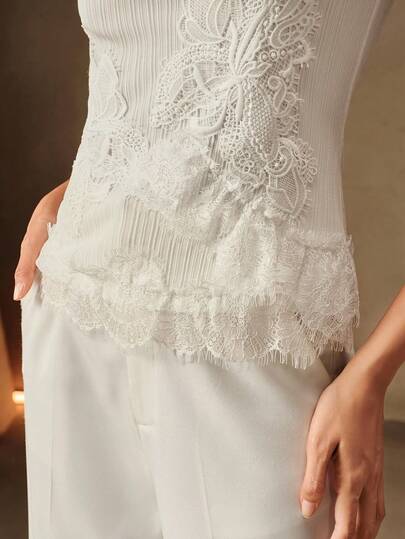 Anewsta Women's Spring/Summer Elegant Romantic Lady Style Wedding Casual Heavy-Duty 3D Water-Soluble Floral Lace Embroidered Tank Top Dinner Date White