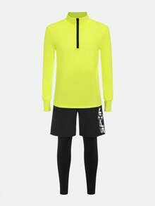 SHEIN Tween Boy Half Zip Sports Jacket & Letter Graphic 2 In 1 Active Tights - Multicolor - View 2