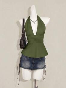 SHEIN ICON 萬聖節女款掛脖露背黑色娃娃裝背心上衣 - 軍綠色 - 查看 10