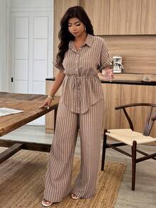 Weeklong Plus Size Women Spring Summer Shirt Collar Open Front Ruched Drawstring Striped Casual Commute Set - Multicolor - View 5