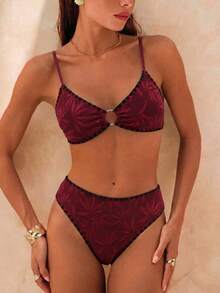 Swim Chiccia Women's Colorblock Spaghetti Strap Backless Tie-Up Textured Fabric Underwire Contrast Trim Bikini, Elegant Summer Beach Casual Vacation Swimwear - Burgundy - View 4