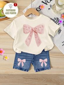 SHEIN Vintaside Kids 1件隨機款式女嬰時尚甜美櫻桃蝴蝶結印花短袖圓領T恤與印花短褲套裝 - 彩色 - 查看 3