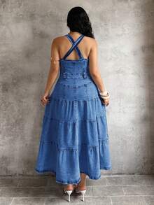 Sunnyshic Plus Size Women's Button Ruched Casual Daily Denim Dress - Blue - View 2