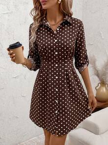 SHEIN Clasi 女款秋冬時尚百搭通勤波點印花襯衫洋裝 - 咖啡棕 - 查看 4