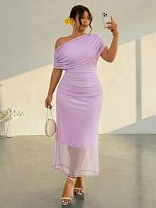 Firerie Vestido de un solo hombro de unicolor elegante talla grande, para verano - Morado - Ver 4