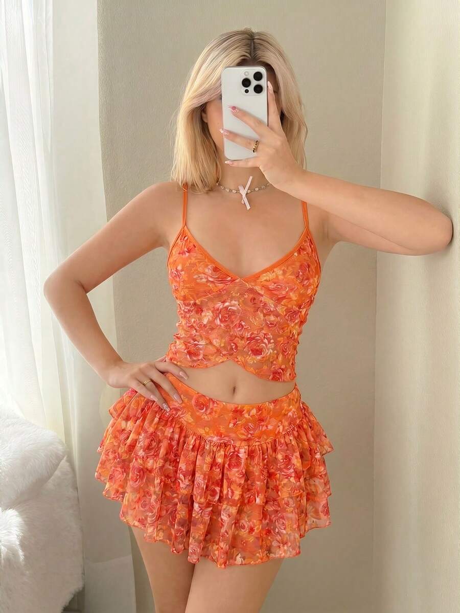 Sweetina 女款夏季新款不對稱玫瑰印花上衣與迷你裙套裝,粉紅色 - 橘色 - 查看 1